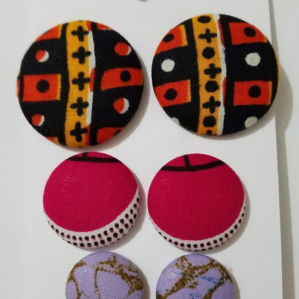 Hand Crafted Earrings Lot of 3 African Ankara Fabric Button Yellow Black Orange - Picture 2 of 3